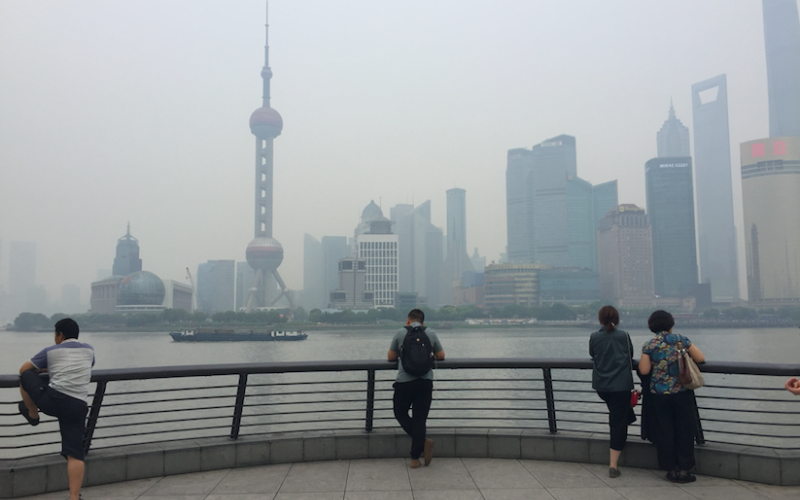 "The Bund" waterfront in a foggy Shanghai