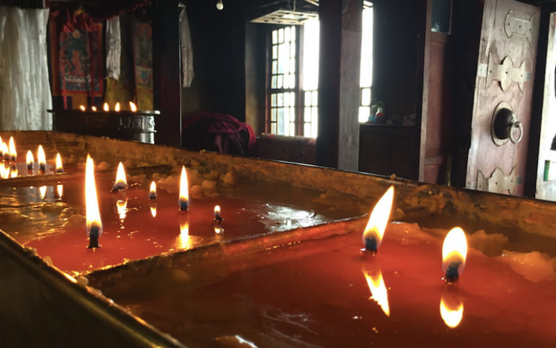 Butter lamps in a Tibetan Buddhist shrine