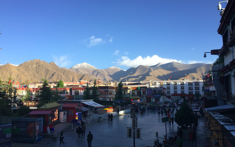 Entrance to the Barkhor and mountains surrounding Lhasa