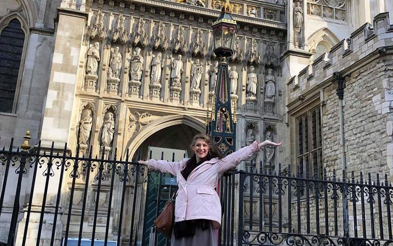 Sarah Fox outside Westminster Abbey in London