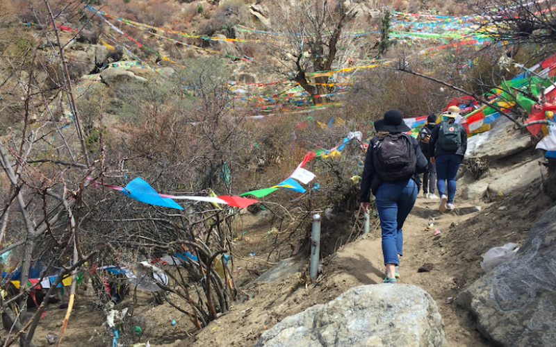 Students making the circular ascent up to Guru Rinpoche's meditation cave