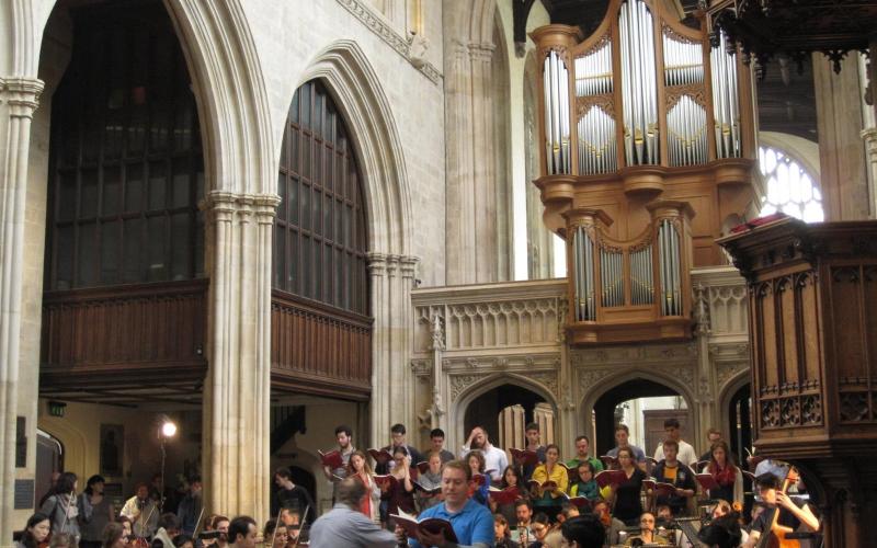 Schola and Juilliard415 rehearse for their concert at the University Church of St. Mary the Virgin, Oxford