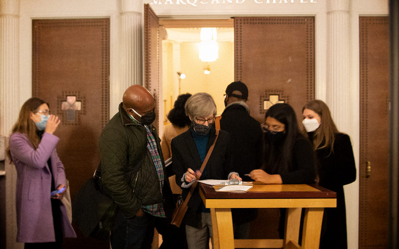 The live crowd checks into Marquand Chapel