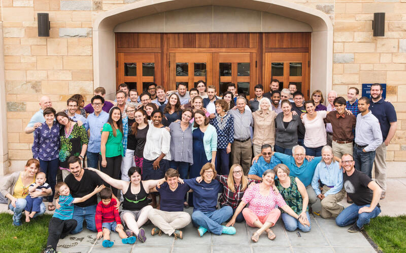 Camerata members pose outside the renovated Hendrie Hall