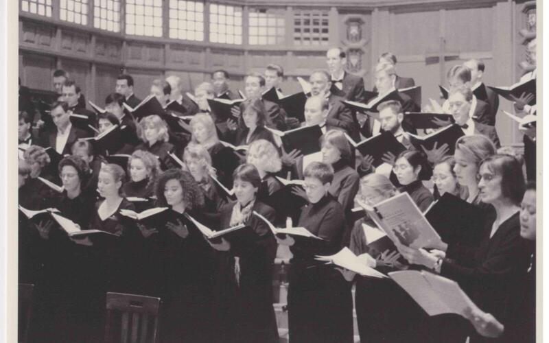 Camerata rehearses Poulenc motets in Battell Chapel, 1990s