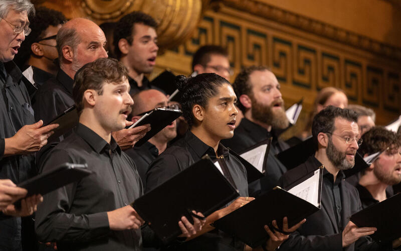 Yale Camerata tenors performing in Woolsey Hall