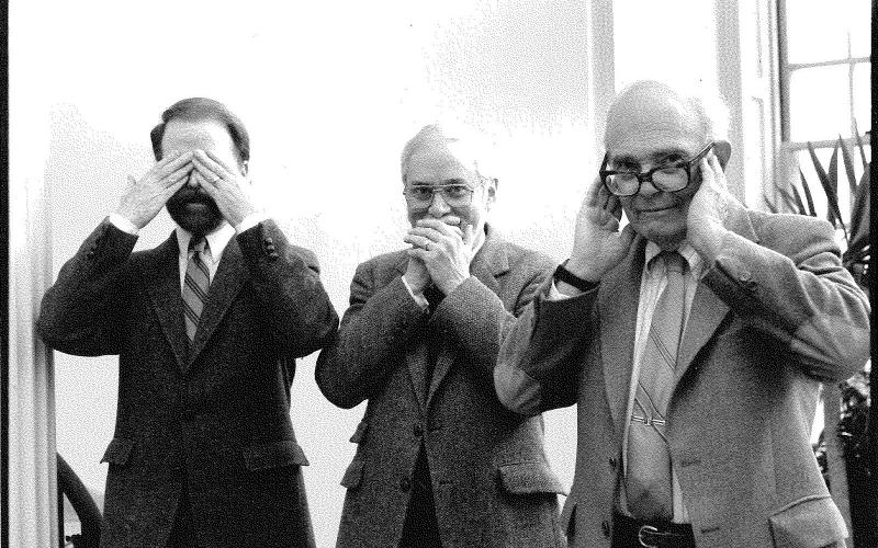 ISM director John Cook, YDS dean Thomas Ogletree, YSM dean Ezra Laderman, ca 1990