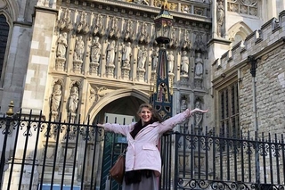 Sarah Fox outside Westminster Abbey in London