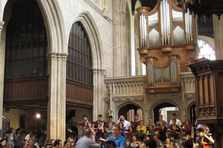 Schola and Juilliard415 rehearse for their concert at the University Church of St. Mary the Virgin, Oxford