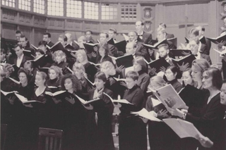 Camerata rehearses Poulenc motets in Battell Chapel, 1990s