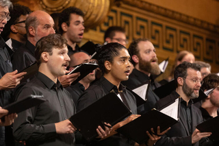 Yale Camerata tenors performing in Woolsey Hall