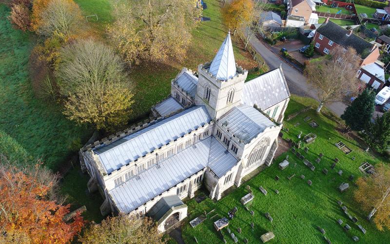 Drone photo of the Church of Algarkirk, Lincolnshire, England