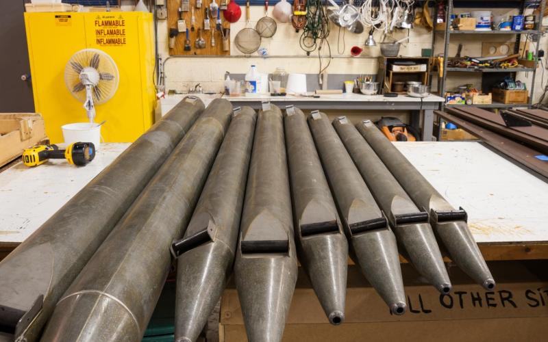 Woolsey organ bass pipes in shop