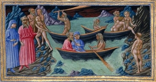 Dante being rowed by Charon across the River Acheron, from the closing lines of Canto III in the Inferno